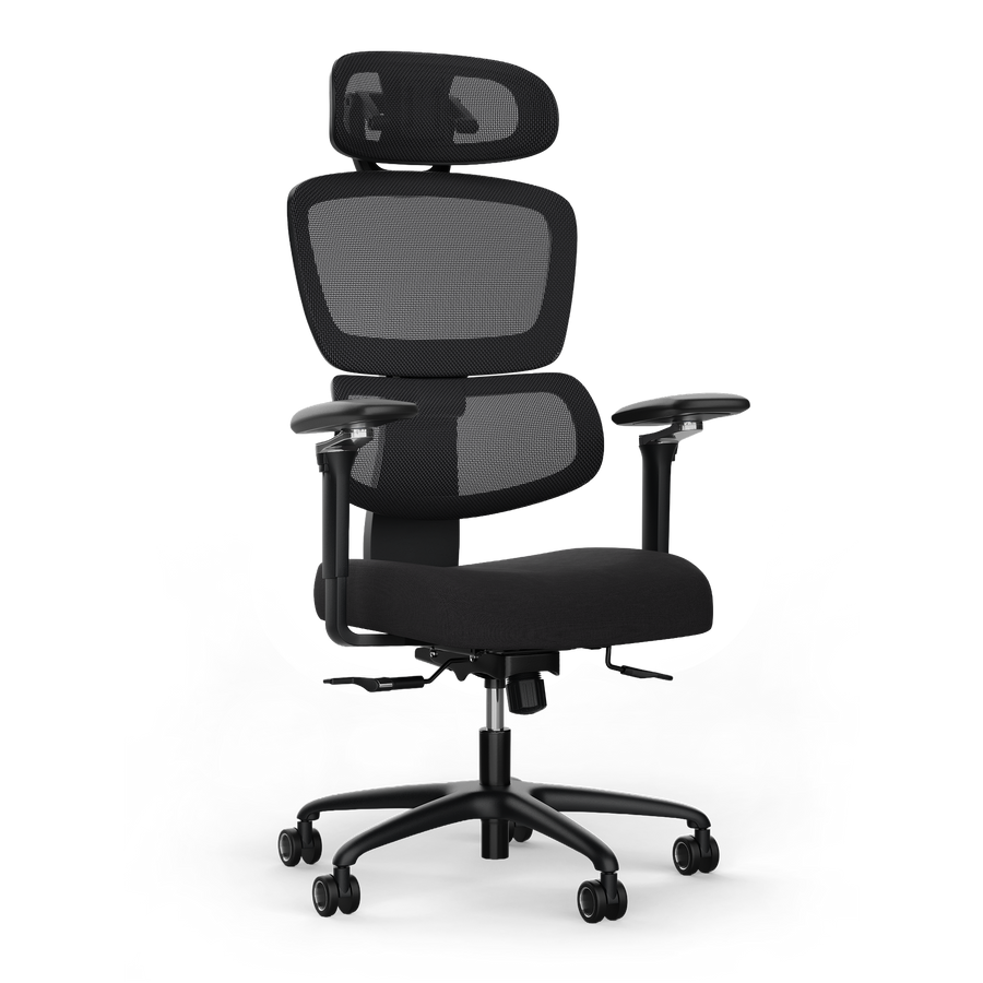 Ergonomischer Bürostuhl DESKSPACE MOVE PRO in Schwarz mit atmungsaktivem Mesh-Rücken, 5D-Armlehnen und verstellbarer Kopfstütze, Dreiviertelansicht vor hellem Hintergrund