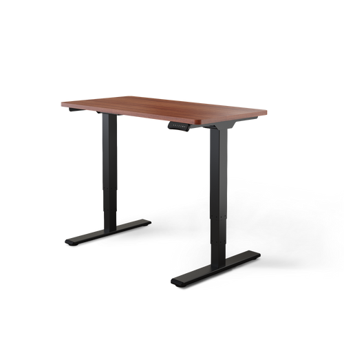 Elektrisch höhenverstellbarer Schreibtisch DESKSPACE PRO PLUS mit Schwarzem Gestell und Mahagonier Tischplatte 120 × 60 cm in der Frontalansicht freigestellt vor weißem Hintergrund